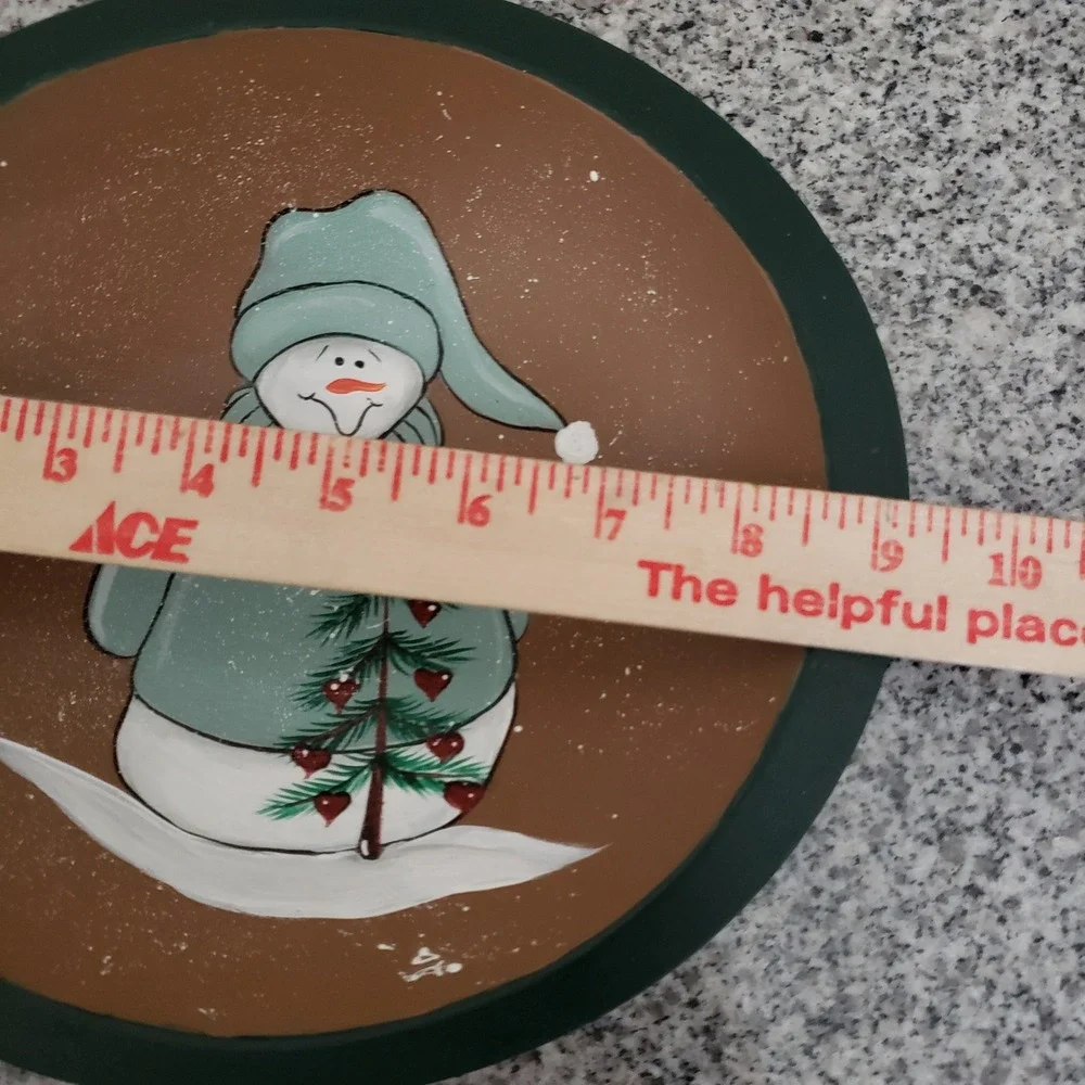 Hand Painted Wood Oval Bowl Folk Art Christmas Snowman Holiday Country Cottage